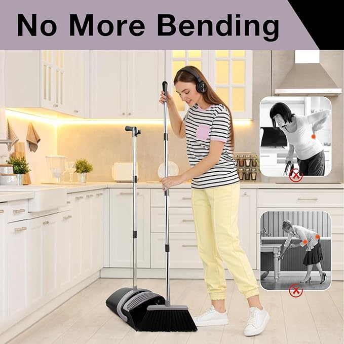 Broom and Dustpan Set, Long Handle Lightweight Dustpans with Broom Combo for Home, Indoor&Outdoor Sweeping for Home Room Kitchen Office Lobby (Charcoal)