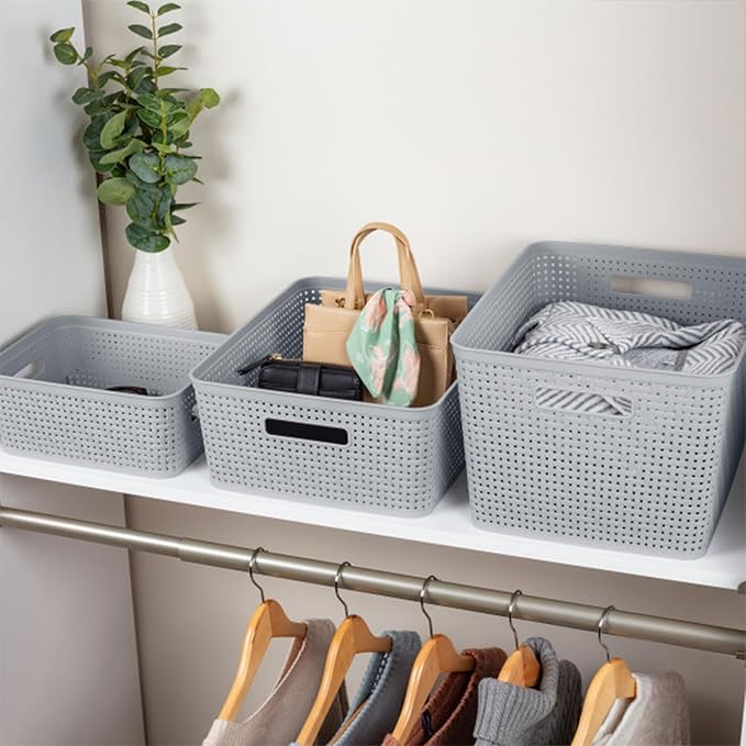 Sterilite 6-Pack Tall Basket, Woven Plastic Storage Baskets for Organization, Cement - Organizing Bin Containers with Handles for Bedroom, Bathroom, Dorm, and Closet