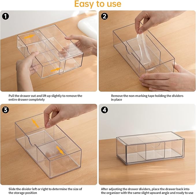 PAVSTINE Medicine Cabinet Organizer 2 Pack, Stackable Storage Drawers with Removable Divider, Make Up Organizer for Bathroom Mirror Cabinets, Vanity, Closet, Countertop - Clear