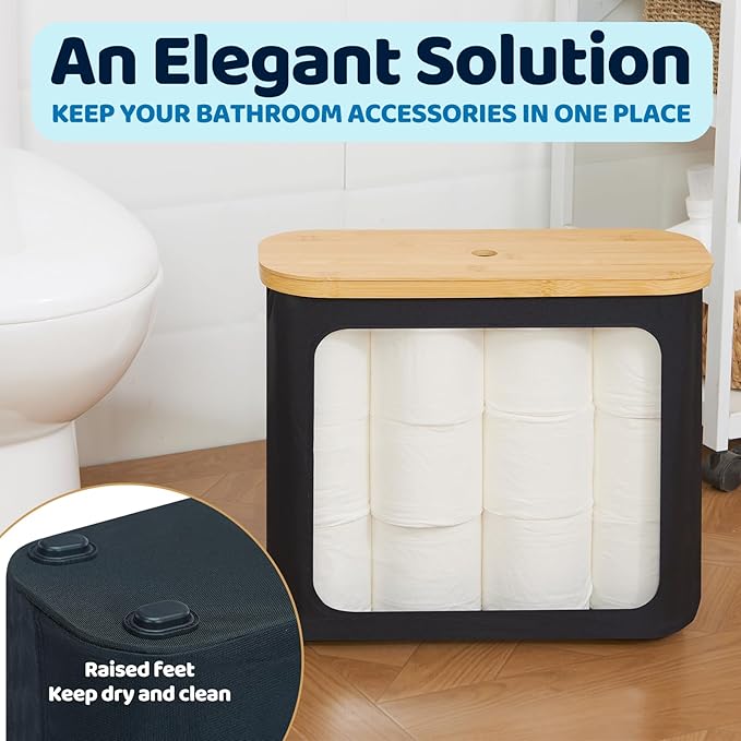 Toilet Paper Storage for 12 Rolls, Toilet Paper Basket with Lid, Bathroom Storage Organizer with Bamboo Lid, Black
