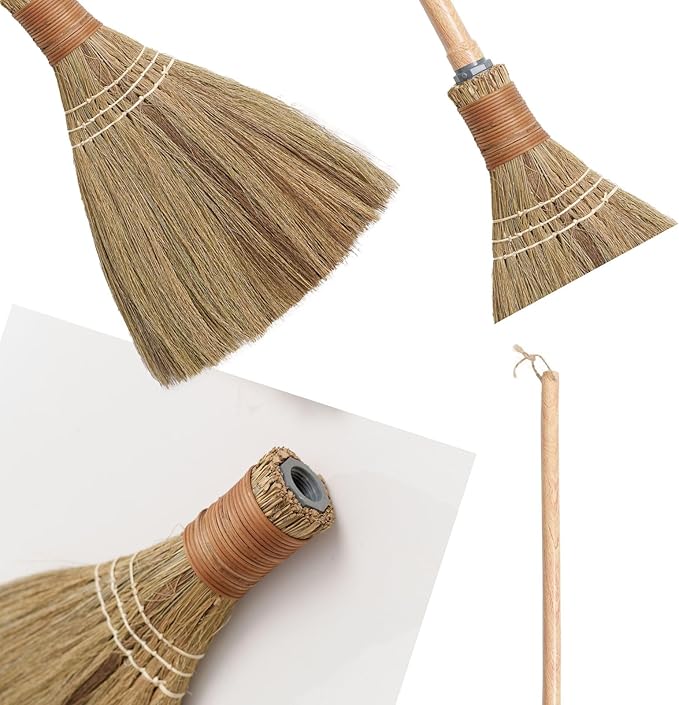 BMart Home Small Natural Whisk Sweeping Hand Handle Broom - Vietnamese Straw Soft Broom for Cleaning - Decoration Items - Indoor - Outdoor - 7.87'' Width, 24.4" Length