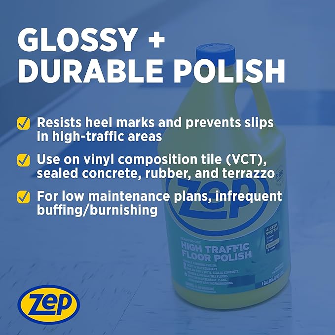 Zep High Traffic Floor Polish - 5 Gal (1 Pail) ZUHTFF5G - Scuff and Slip Resistant Durable Floor Finishing Polish for Vinyl (VCT), Sealed Concrete, Rubber, Tile, and Terrazzo Floors
