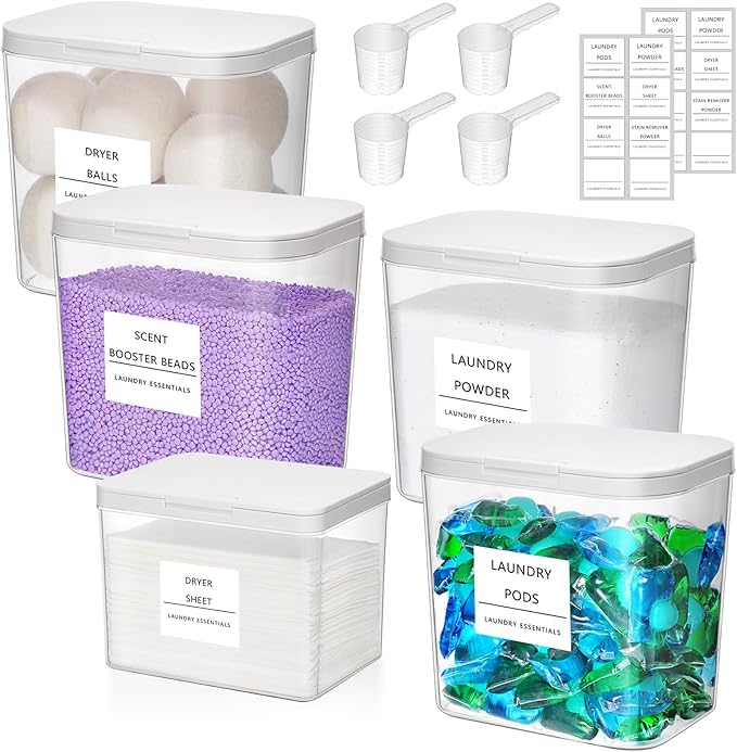 Lifewit Laundry Pods Container with Pop-up Lid, Coffee Pod K Cup Storage, Laundry Room Organization, Dryer Sheet Holder for Washing Powder Detergent, 2700 +2000ml/0.72+0.5gal, 5PCS
