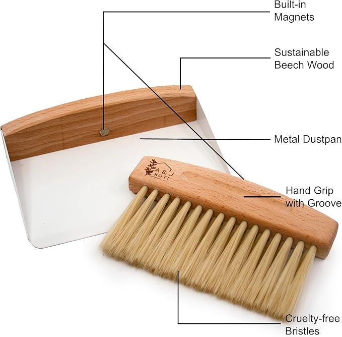 A&J Koti Table Crumb Sweeper - Small Mini Metal Dustpan and Hand Brush Combo Set - Wood Crumber for Servers, Restaurants, Home and Kitchen - Crumb Cleaning Set