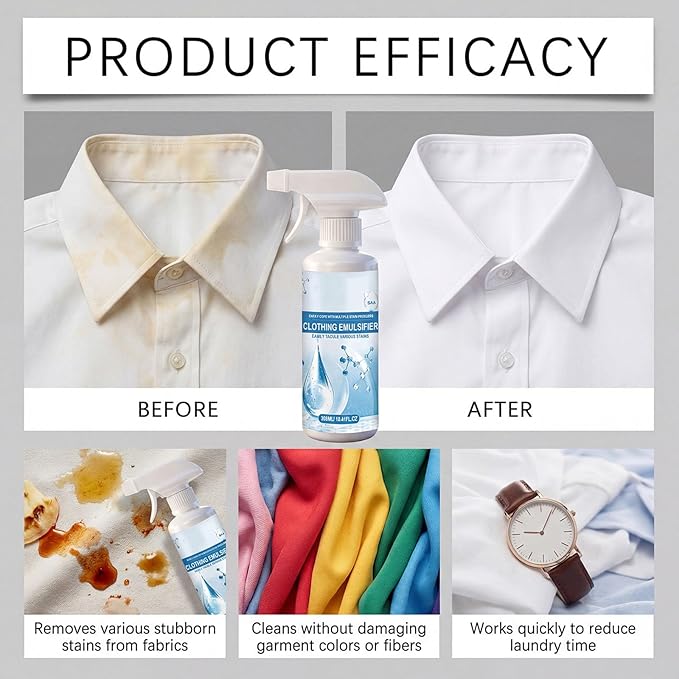 Clothing Emulsifier Stain Remover, Non Ionic Emulsifier Stain Remover, 10oz Clean Shop Non-Ionic Laundry Pre-Treatment Spray for Grease, Oil, Food on Clothes & Shoes (308ml)