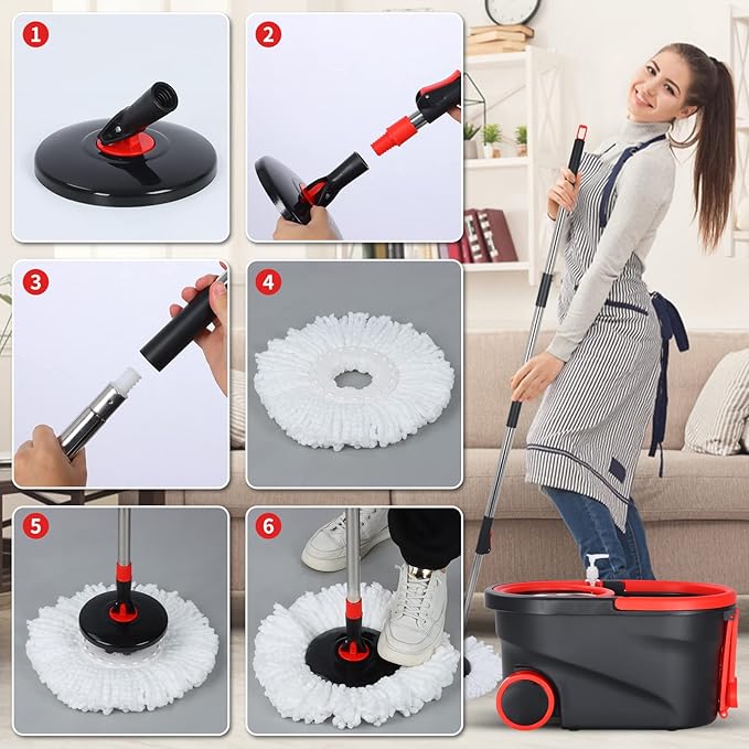 Mop and Bucket Set, 360° Spin Mop and Bucket with Wringer Set and 3 Microfiber Mop Refills, Stainless Steel 61'' Extended Handle Spinning Mop Bucket System for Floor Cleaning