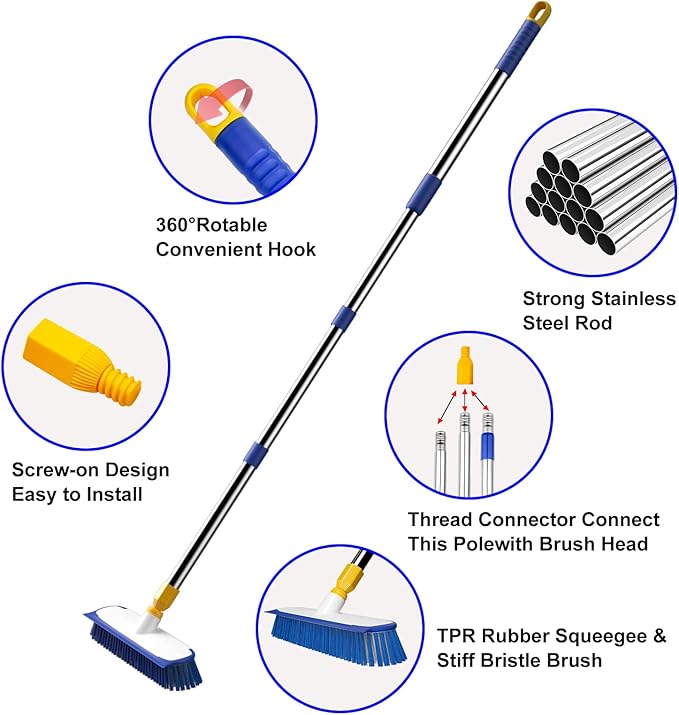 ITTAR 55" Extendable Floor Scrub Brush, 12" Wide Heavy-Duty 2-in-1 Scrub & Squeegee Deck Brush for Tile Grout Shower Floor, Kitchen, Restaurant, Patio & Garage Cleaning