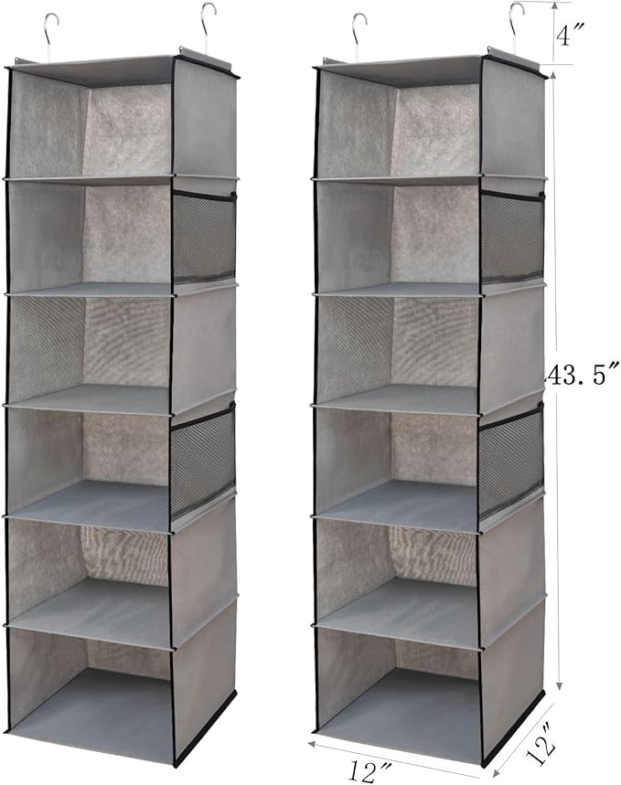 BrilliantJo 6 Shelves Hanging Closet Organizer, 2 Pack Hanging Storage with 4 Side Pockets for Clothes Shoes, 43.5"x12"x12"(Grey)