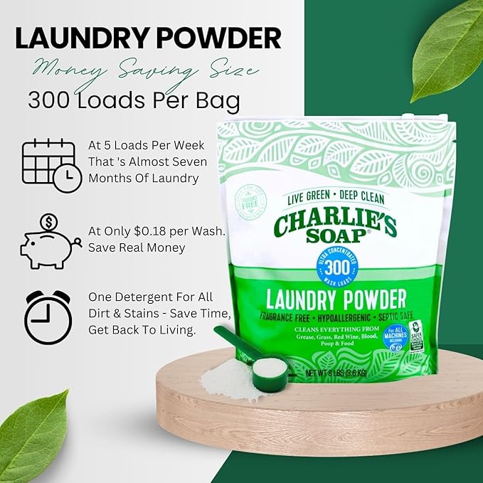 Charlie’s Soap Laundry Powder (300 Loads, 4 Pack) Fragrance Free Hypoallergenic Plant Based Deep Cleaning Laundry Powder – Biodegradable Eco Friendly Sustainable Laundry Detergent