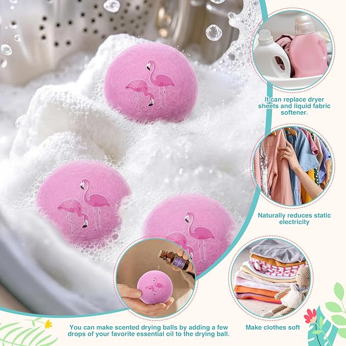 Jenaai 6 Pcs Wool Dryer Balls Bulk for Easter Laundry Basket Cute Organic XL Wool Dryer Laundry Balls Natural Soft Fabric Softener Anti Static Fabric Softener Alternative for Clothes(Pink Flamingo)