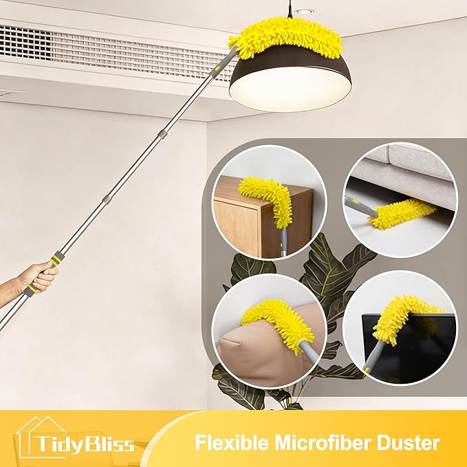 77” Ceiling Fan Blades Cleaner Duster with Extension Pole, Extendable Flexible Dust Cleaning Brush, Reusable Chenille Mop for Baseboard Wall Floor Blinds Cobweb