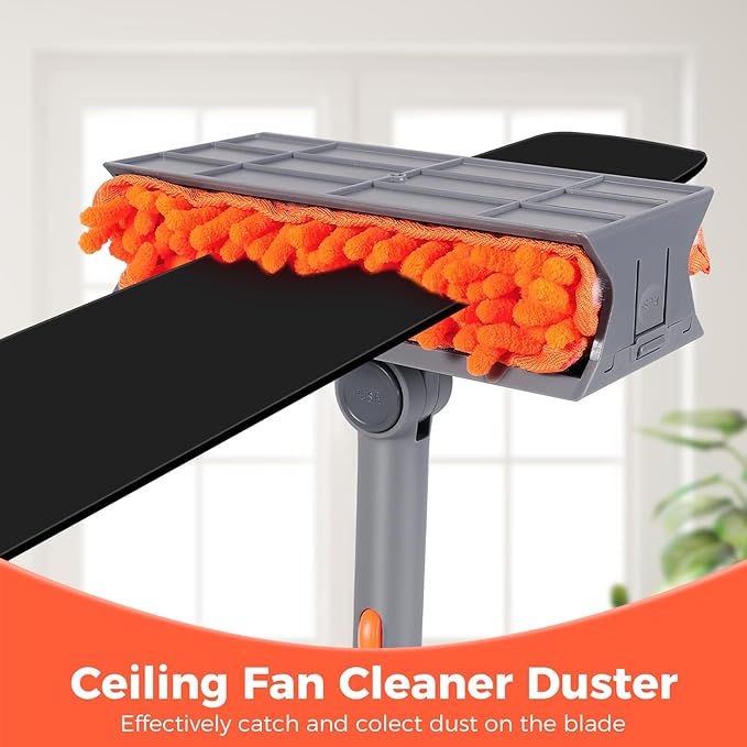 Ceiling Fan Cleaner Kit with 77" Extension Pole, Reusable Chenille Brush for Fan Blades (Up to 8in), Cobwebs, Walls, and Furniture (Orange)