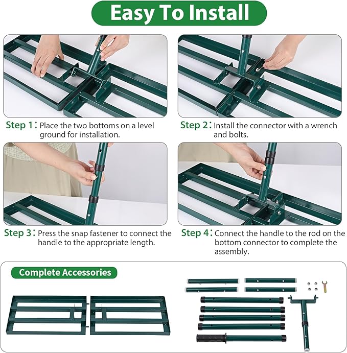Lawn Leveling Rake,Stainless Steel Lawn Leveler with 30”x10” Ground Plate, 78” Adjustable Long Handle, Level Yard Tool for Grass, Golf Field, Level Soil or Dirt Ground Surfaces-Green