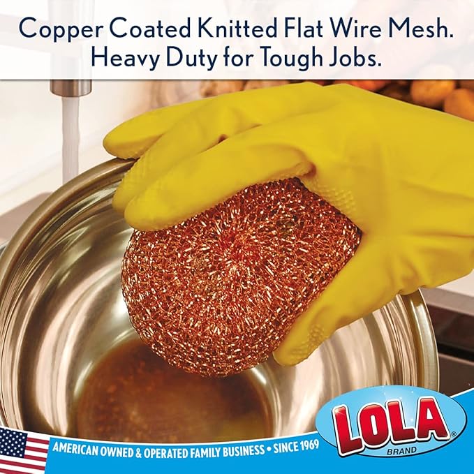 LOLA Copper Mesh Scouring Pad, 12 Pack, 45 Grams, 4" Heavy Duty Cleaning Pads, Copper Coated Knitted Wire Mesh, Recyclable, Cleans Baked On Messes
