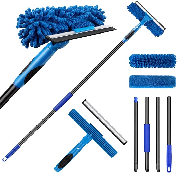 JTIEO 69'' Squeegee for Window Cleaning, 2-in-1 Window Squeegee Cleaner Tool with Extension Pole & Rotating Head, Blue Window Cleaning Kit for Shower Cleaner, Indoor & Outdoor Glass, High Window, Car