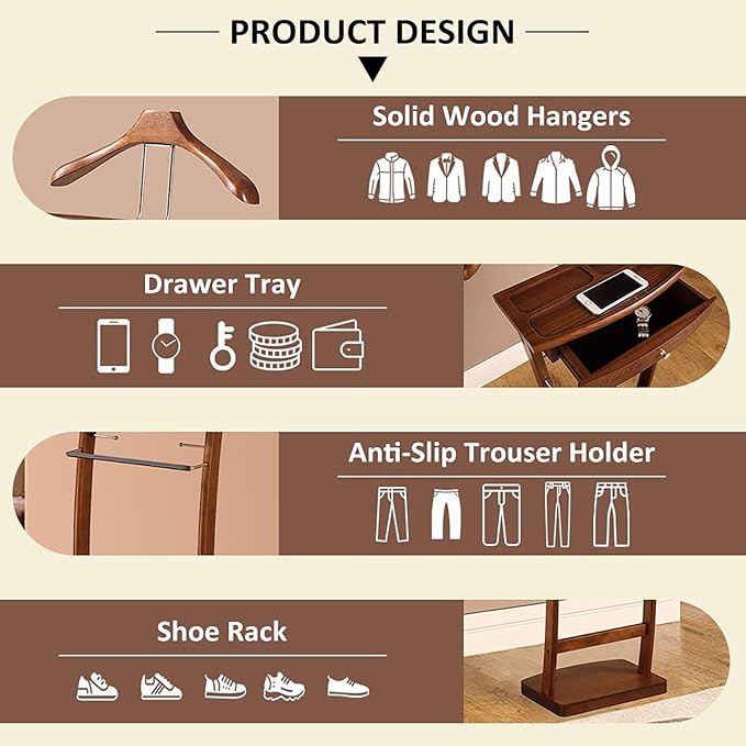 Wood Clothes Valet Stand with Tray, Floor Standing Suit Valet Stand with Drawers and Front Trouser Rack, Men's Valet Stand, for Living Room Office Dressing Room 44.4x30x112.2 cm (Walnut)