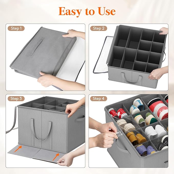 Lifewit Shoe Storage Organizer for Closet, Fabric Large Shoe Box Storage Containers with Clear Cover, Foldable Bins for Boots Heels Sneakers Fits 12-16 Pairs, 1 Pack Light Gray