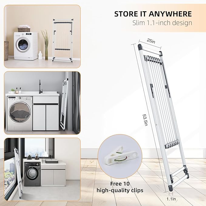 Clothes Drying Rack, Foldable Laundry Rack for Indoor Outdoor, 10pcs Sock Clips, Collapsible Space-Saving Drying Rack for Clothes Towels Dolls, White (Gray)