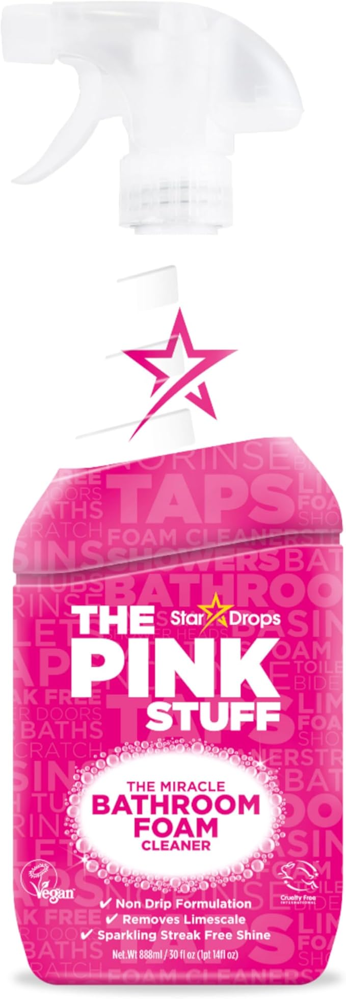 Stardrops - The Pink Stuff Miracle Bathroom Foam Cleaner, 30 fl oz – Now 20% More! Powerful Foaming Action for Showers, Sinks, Tubs & Tiles – Removes Soap Scum, Limescale & Grime with Ease