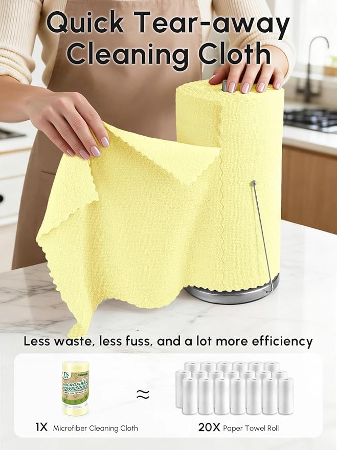 Microfiber Cleaning Cloths Roll, 75 Pack Tear Away Microfiber Towels Roll, 12" x 12" Lint Free Rags, Reusable Cleaning Cloths, Washable, Scratch Free,Ultra Absorbent Dish Rags(Yellow)