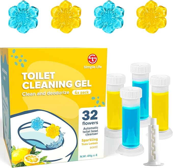 Simple Life Toilet Gel Stamp – Fresh Flower Scent, Anti-Limescale Toilet Cleaner Gel, Deodorizing & Long-Lasting Freshness, 32 Stamps, Blue & Yellow