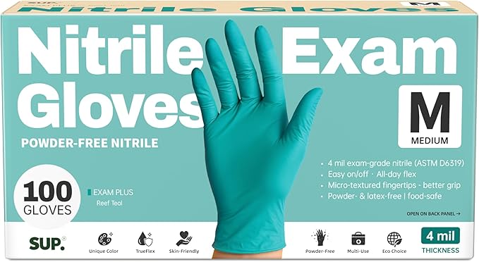 SUP Powder-Free Nitrile Gloves, 100 Count Food Safe Latex-Free Disposable Gloves for Medical Cooking Cleaning Food Prep, Teal