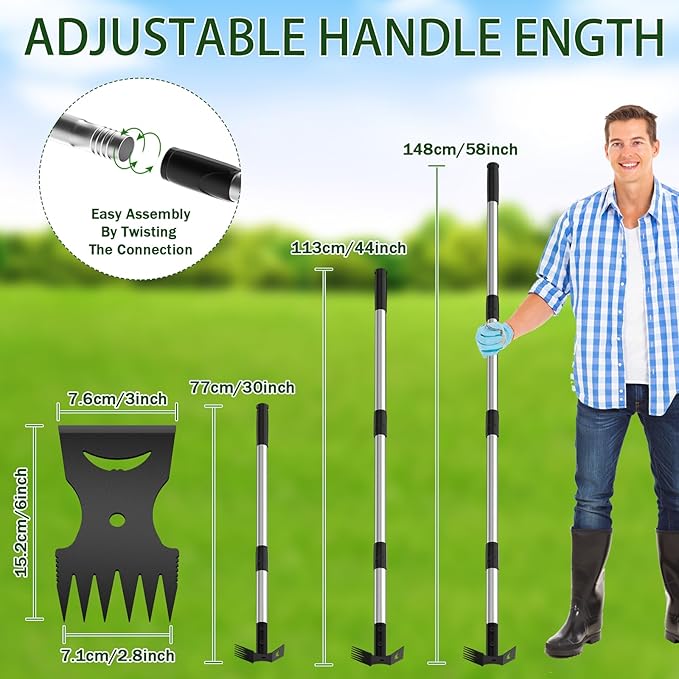 Weed Puller Tool with Long Handle – 2-in-1 Handle Garden Hoe and Weed Rake, Hoe Garden Tool for Home Gardens, Lawns, and Yards