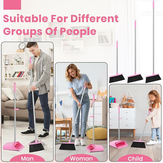 Pink Broom and Dustpan Set,58” Long Adjustable Handle Small Broom with Stand up Dustpan Combo Set with Dust Pan Teeth,for Indoor Home Office Floor Cleaning
