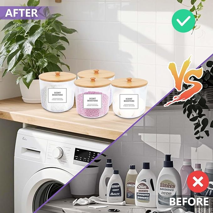2 Pack Laundry Pods Container,Clear Laundry Room Organization Containers,Large Laundry Detergent Powder Storage Containers with Bamboo Lids & Labels for Scent Booster,Powder,Pods