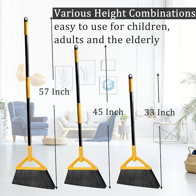 Heavy Duty Angle Broom 3 Pack - Yellow Broom for Outdoor & Indoor, Garage, Driveway, Sidewalk, Kitchen & More, Long Handle