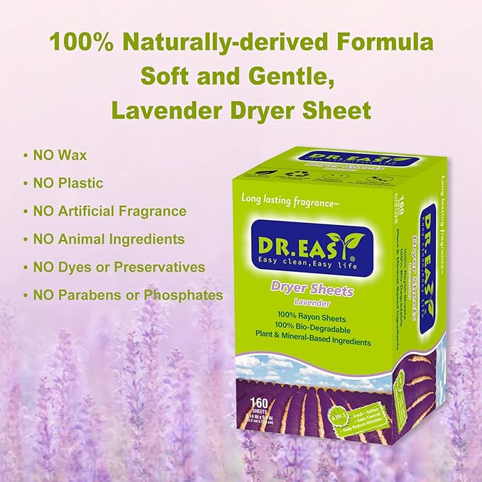 Dr.Easy Dryer Sheets Lavender Plant Based all ingredients for Sensitive Skin 160 Ct 100% Rayon Fabric Softener sheet for laundry No Dyes Reduce Static & Wrinkles Soften Clothes Help Repel Pet Hair