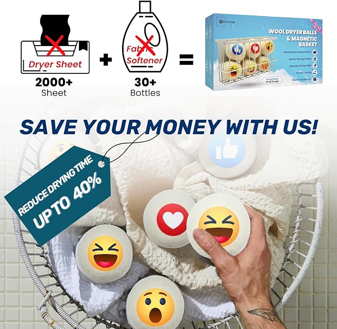 Emoji Wool Dryer Balls with Magnetic Dryer Ball Holder for Laundry Room Organization and Storage – 6 XL Reusable Wool Balls for Dryer with Fun Emoji Design to Make Laundry More Enjoyable