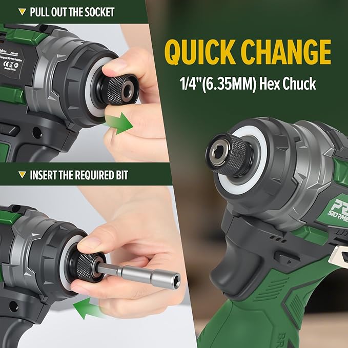 Prostormer 17V Cordless Impact Driver Set, 140Nm Brushless Screwdriver with 3 Variable Speed, 1/4” Hex Chuck, 18 Pcs Bits, 1.5Ah Batteries & Charger