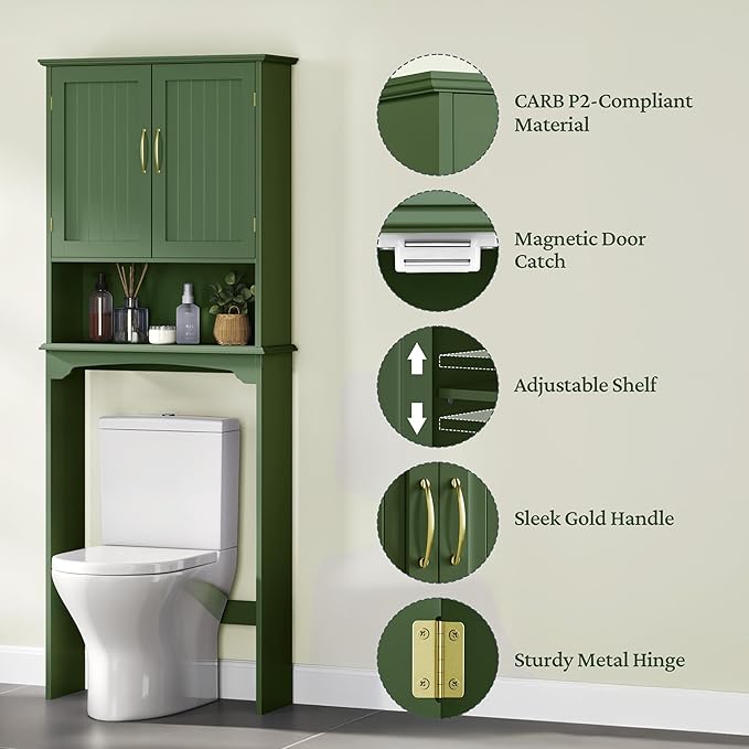 Yaheetech Over The Toilet Storage Cabinet, Over Toilet Cabinet with Adjustable Shelf, Bathroom Storage Organizer with Double Wood Doors, Green