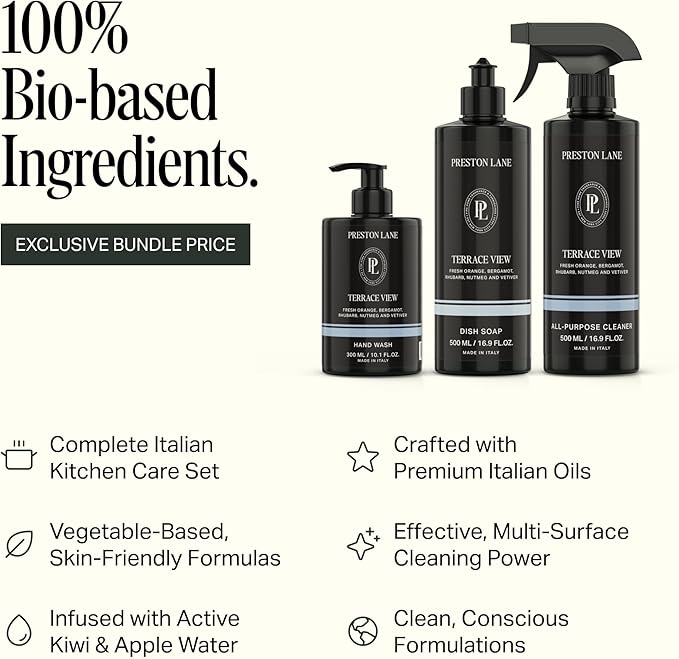 Preston Lane Luxury Kitchen Set – Hand Wash, Dish Soap & All-Purpose Cleaner | Plant-Powered Cleaning Essentials Bundle with Fine Italian Fragrance, Terrace View Scent