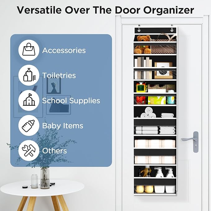 Mefirt Over The Door Organizer, 6 Shelf Door Hanging Organizers with 6 Large Capacity Pockets, Behind Door Storage Hanging Shelves for Closet Wall Bathroom Bedroom Nursery