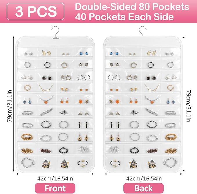 3 Pack Hanging Jewelry Organizer, 80 Clear Pockets earring organizer and storage, Accessories holder organizer for Closet, Jewelries, Necklace, Travel