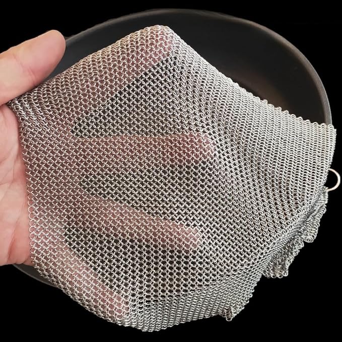 Cast Iron Cleaner & Chainmail Skillet Scrubber - 32''x32'' 3.8mm Small Ring, 316L Stainless Steel Interlocking Mesh Sheet, Flexible Chainmail Panel, Fine Linked Ring Fabric, Woven Ring Net