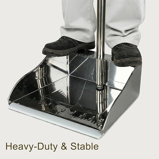 Metal Dustpan Long Handle Stainless Steel Dustpan,Heavy Duty Standing Dust Pan with Teeth, Indoor Outdoor Up for Home Kitchen Lobby Room Office