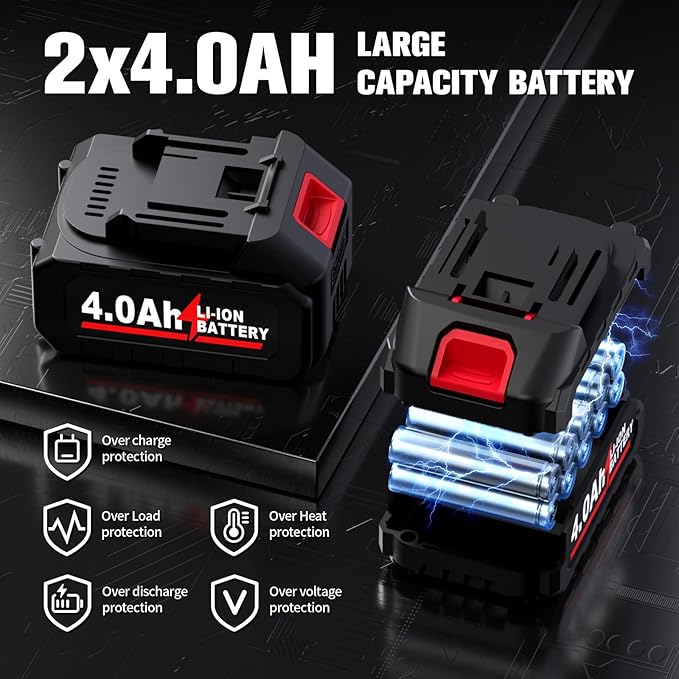 Cordless Angle Grinder 4-1/2 inch, 12000 RPM Brushless Metal Grinder Power Tools with 2x4.0Ah Battery, 3 Variable Speeds Angle Grinder with Auxiliary Handle for Cutting Grinding Polishing