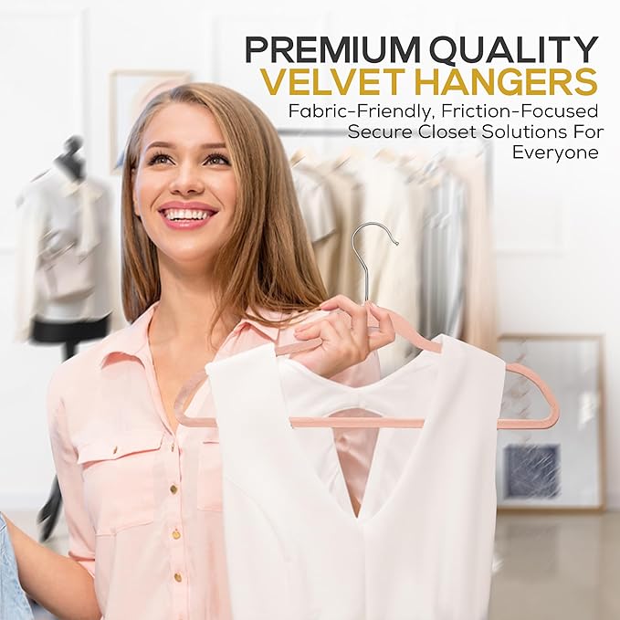 Techzoo 50 Pack New Premium Quality Velvet Hangers Ultra Thin Non Slip Adult Felt Space Saving Hangers for Closet Heavy Duty Coat Pants Jackets Dress Hangers 360° Swivel Hook Hold Upto 10lbs Rose Gold