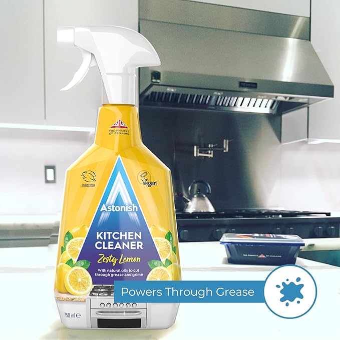 Astonish Zesty Lemon Scented Kitchen Cleaner 3 Pack - All Purpose Cleaning Solution Removes Grease, Grime, & Surface Stains - Cruelty Free Kitchen Grease And Multi Surface Cleaner - 750ml Spray Bottle