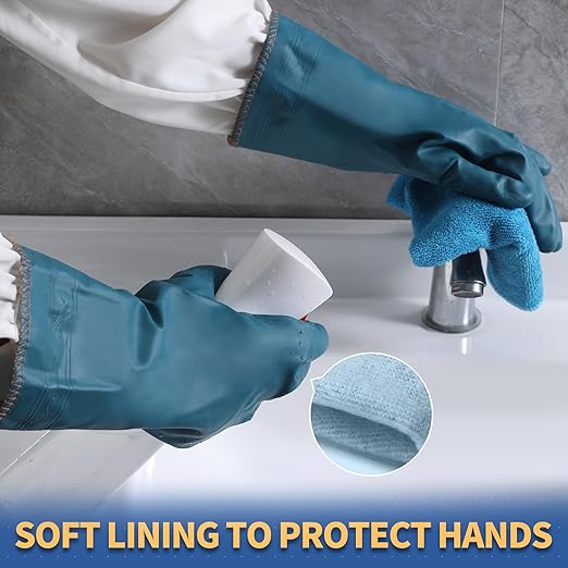 BOOMJOY PVC Cleaning Gloves with Lining, Heavy Duty Dishwashing Gloves, Reusable Large Gloves for Kitchen, Bathroom, Gardening, Working, Pet Care - Orange & Blue, 2 Pairs, Size L