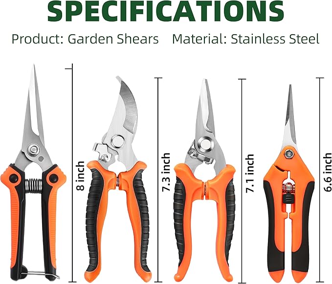 4 Pack Garden Pruning Shears, Stainless Steel Garden Shears, Gardening Shears, Garden Scissors, Clippers, Pruning Snips, Pruning Shears for Gardening Tools (Orange)