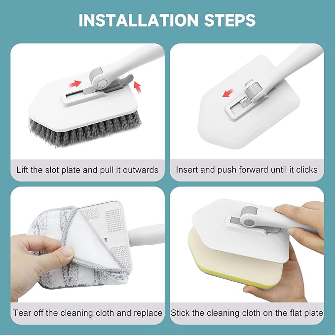 nacena Shower Scrubber with Long Handle, 4 in 1 Tile Tub Scrubber Brush with 3 Detachable Cleaning Heads and V-Shaped Grout Brush Shower Cleaner Brush for Bathroom Kitchen Toilet Tub Sink, Grey White