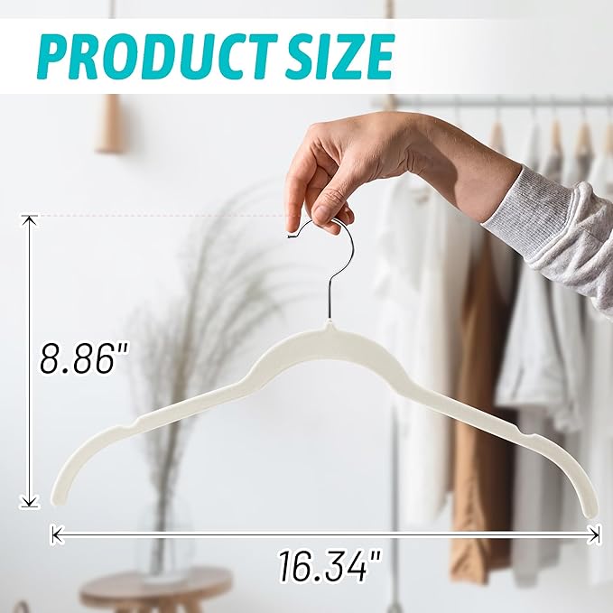 Sishynio Premium Velvet Shirt Hangers 50 Pack, Non-Slip 360° Swivel Hook Slim Flocked Coat Hanger, Space Saving Felt Hanger for for Tank Top, Blouses, Strappy Dresses(Beige)