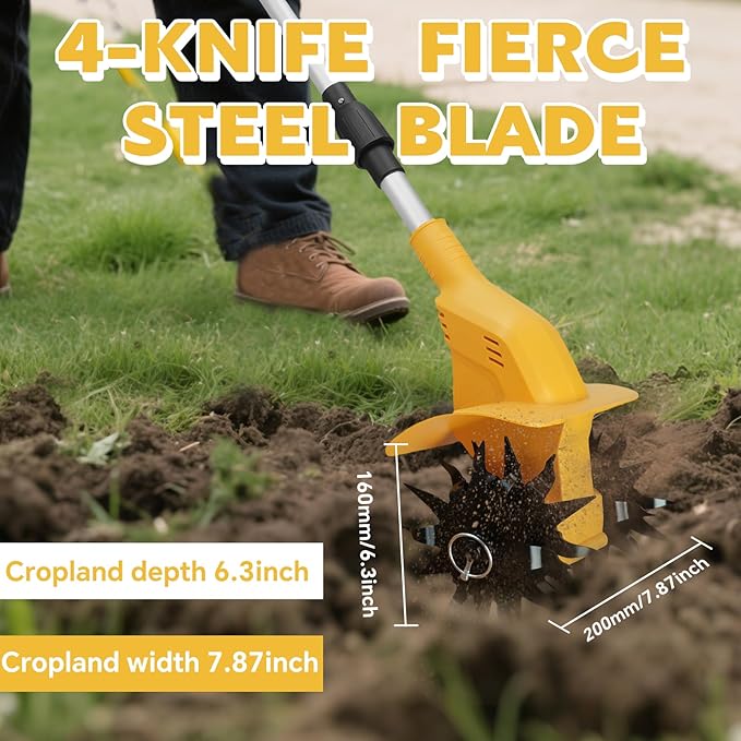 Cordless Tiller Cultivator for DeWalt 20V Battery, 330RPM Garden Cultivator,7.87" Tilling Width and 6.3" Depth Portable Rotary Tiller