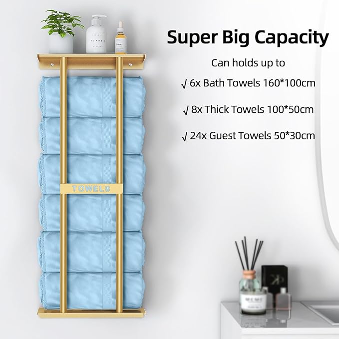 STWWO Bathroom Towel Storage Rack for Bathroom, 30 inch Towel Racks Wall Mounted with Shelf Can Holds 6 Large Towels, Wall Towel Rack for Rolled Towels, Gold