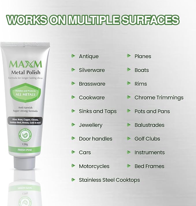 maxm Metal Polish Paste for Stainless Steel Polish, Chrome Polish & Aluminum Polish – Rust Remover for Metal, Stainless Steel Scratch Remover, Polishing Compound Non-Toxic, Fresh Pine Scent, 4.2 oz