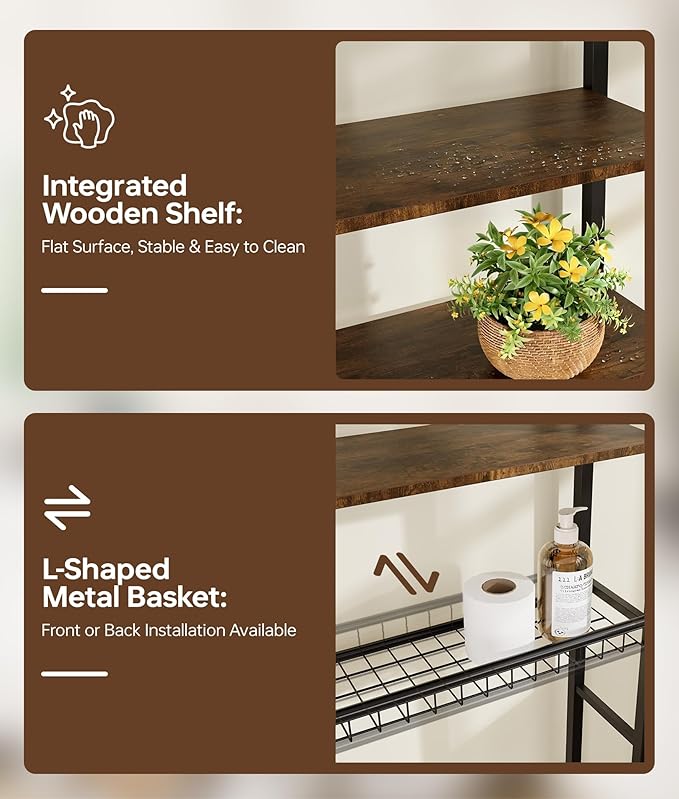 4-Tier Over-the-Toilet Storage Rack with One-Piece Wooden Shelves & Open Net Basket, Bathroom Organizer with Adjustable Feet & Anti-Tip Kit, Space-Saving Toilet Shelf, Brown, 24.4" x 9.4" x 69.3"